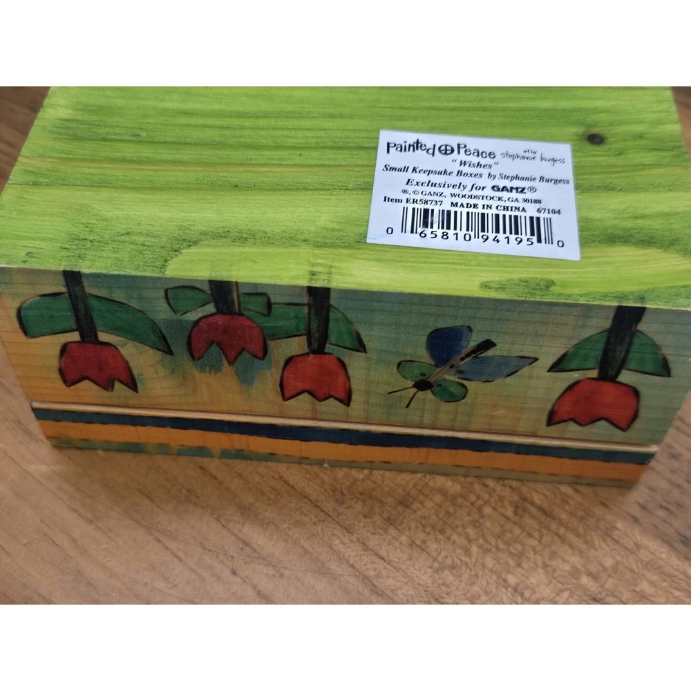 Stephanie Burgess Painted Peace Wood Trinket Box WISHES Butterflies Tulips 4.75